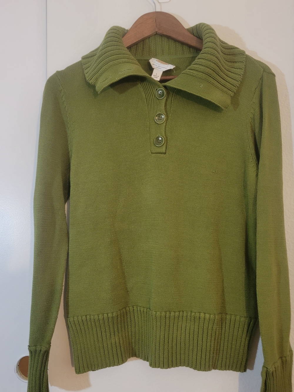 Talbots Olive Green Button-Collar Knit Sweater